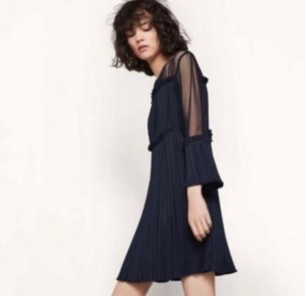 Maje Ritzy Navy Blue Sheer Pleated Mini Dress Size 2 Feminine Luxury Parisian